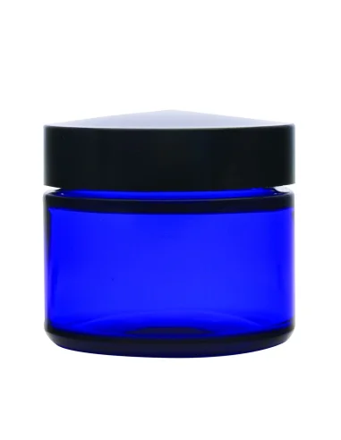  Boião de 50ml em vidro azul com tampa plástica preta.  
 Para acondicionar o seu creme personalizado com os óleos essenciais de sua preferência. 